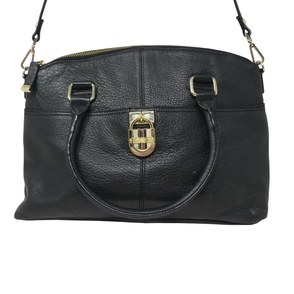 Calvin Klein Black Leather Gold‎ Lock Satchel Shoulder Bag Purse